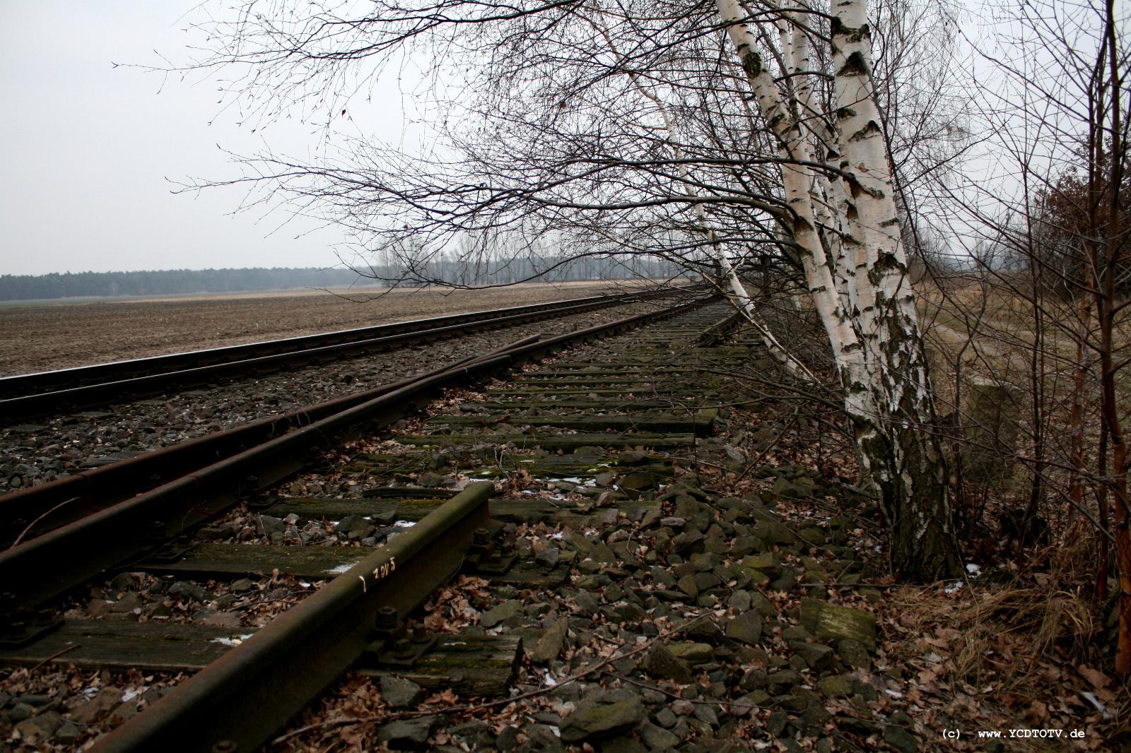Strecke Stendal-Arneburg, 2011, Reste einer Weiche, rechts ein alter Feldweg 