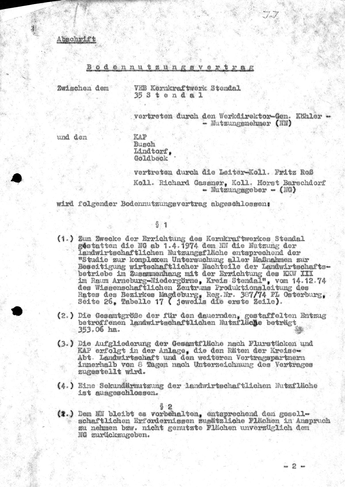  KKW Stendal, Bodennutzungsvertrag 1975