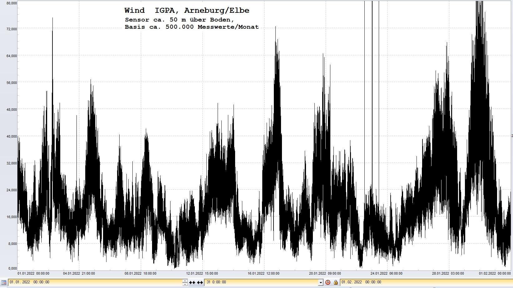 Arneburg Histogramm Winddaten Monat Januar 2022, 
  Sensor auf Gebude, ca. 50 m ber Erdboden, Basis: 5s-Aufzeichnung