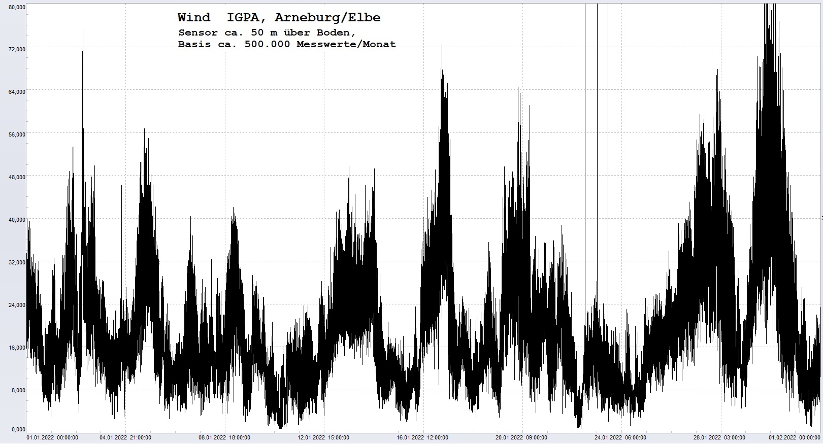 Arneburg Histogramm Winddaten Monat Januar 2023, 
  Sensor auf Gebäude, ca. 50 m über Erdboden, Basis: 5s-Aufzeichnung